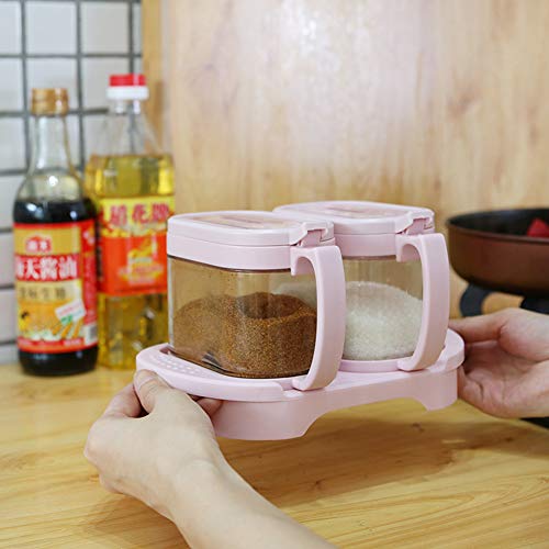 KSTORE Vidrio Cocina Condimento Especia Caja De Caja De La Caja De Condimento Caja De Especias Cuadro Vinagrera con Tapa Y Cuchara De Cocina 3Pcs,Rosado