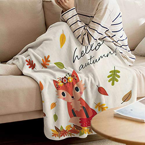 Kuidf Manta de Acción de Gracias Hola Otoño, Lindo Zorro Rojo Hojas de Otoño Crema Kawaii Menu Social Franela Ropa de cama Mantas Decorativas Acogedoras Suave Manta para Dormitorio, 100 x 50 pulgadas