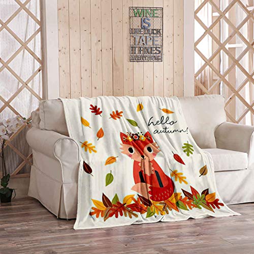 Kuidf Manta de Acción de Gracias Hola Otoño, Lindo Zorro Rojo Hojas de Otoño Crema Kawaii Menu Social Franela Ropa de cama Mantas Decorativas Acogedoras Suave Manta para Dormitorio, 100 x 50 pulgadas