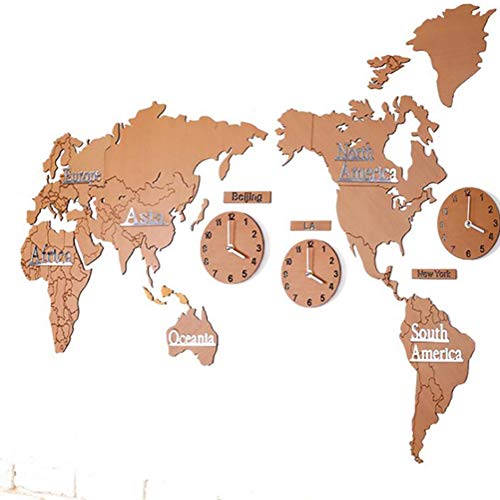 Kumiy Reloj de Pared con Mapa del Mundo de Madera Creativo, Fondo de sofá Pegatinas de decoración del hogar con 5 Relojes, silencioso, sin marcar, Gran Pulgada de 23 x 54 (B)