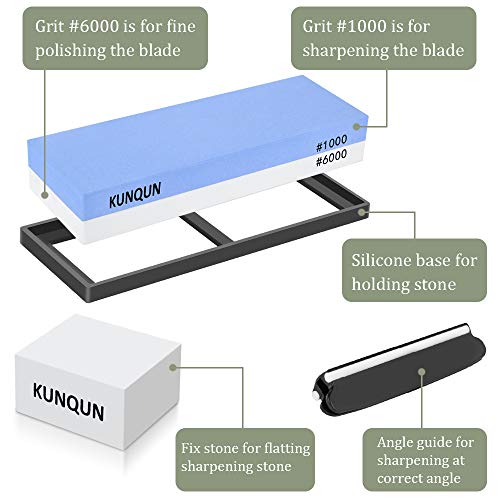 KUNQUN Piedra de Afilar 1000 6000, Afilador De Cuchillos Profesionales Piedra Afiladores, Súper Piedra Afiladores con Base De Goma Antideslizante, Base de Bambú, Guía De ángulo&Piedra de Aplanamiento
