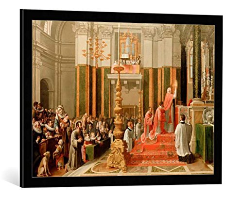 Kunst für Alle Cuadro con Marco: Andrea Commodi The Mass at Manresa - Impresión artística Decorativa con Marco, 80x55 cm, Negro/Canto Gris