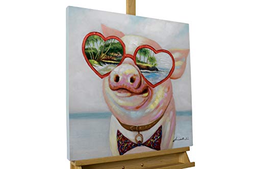 Kunstloft® Cuadro en acrílico 'Puerco en el paraíso' 70x70cm | Original Pintura XXL Pintado a Mano sobre Lienzo | Cerdo Gafas Rosa Azul | Cuadro acrílico de Arte Moderno con Marco