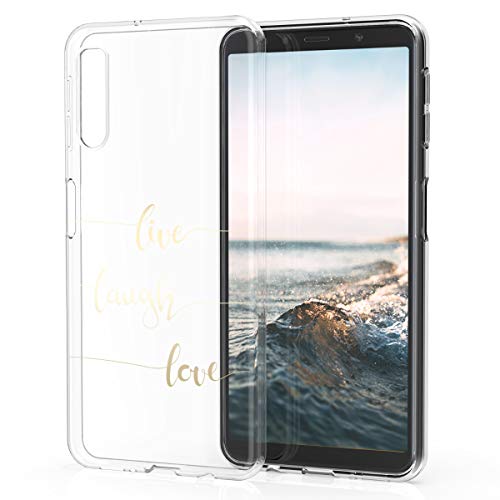 kwmobile Funda Compatible con Samsung Galaxy A7 (2018) - Carcasa de TPU Live, Laugh, Love en Dorado/Transparente