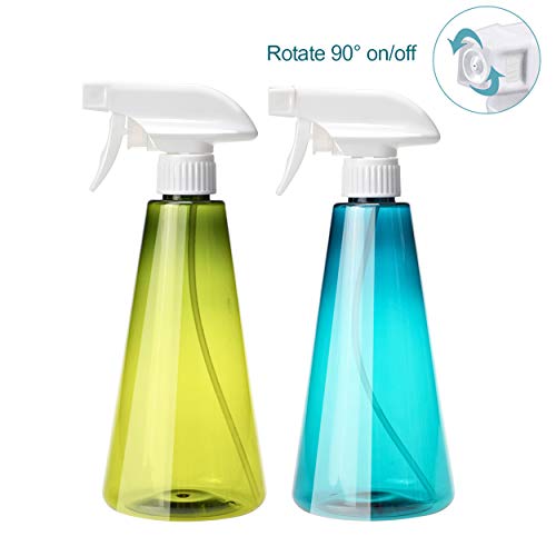 KwuLee 2 Pack Botella de Spray 500ml Disparador Pulverizador de Nebulización Fina Botellas de Spray Vacías Recargables (ON/Off) con Boquilla Ajustable para Limpieza Jardinería Riego (Azul + Verde)