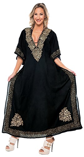 LA LEELA Mujeres caftán Rayón túnica 3D HD Impreso Kimono Libre tamaño Largo Abaya Vestido Jalabiyas de Fiesta para Loungewear Ropa de Dormir Playa Todos los días Cubrir Vestidos Halloween Negro_L460