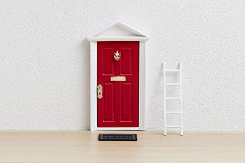 La PUERTA MÁGICA - Puerta mágica de hadas de diente rojo + escalera + llave + felpudo + tarjeta de bienvenida con dibujo de color + fondo decorativo para el interior de la puerta (adhesivo) (rojo)