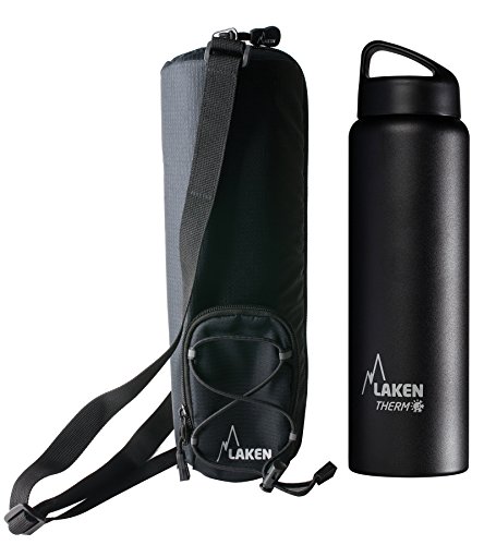 Laken Botella Térmica 1 Litro de Inoxidable 18/8 y Doble Pared de Vacío Classic (Boca Ancha) + Funda térmica Aislante con Bandolera 1,5L, Negro