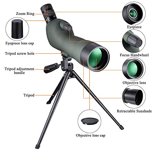 LAKWAR Telescopio Terrestre profesional 20-60X60, Recubrimiento HD, Sistema de Prisma Porro, con Clip de Sujeción Para Teléfono Móvil, Trípode, Conector Para Cámara SLR, para Actividades al Aire Libre