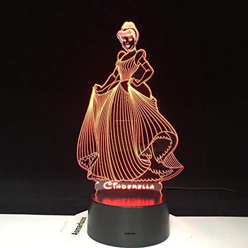 Lámpara de ilusión 3D Luz de noche LED Princesa Cenicienta Figura Decoración Usb Niñas Niños Niños Regalos para niños 7 Cambio de color Lámpara de mesa visual