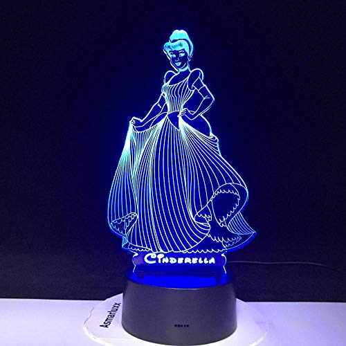 Lámpara de ilusión 3D Luz de noche LED Princesa Cenicienta Figura Decoración Usb Niñas Niños Niños Regalos para niños 7 Cambio de color Lámpara de mesa visual