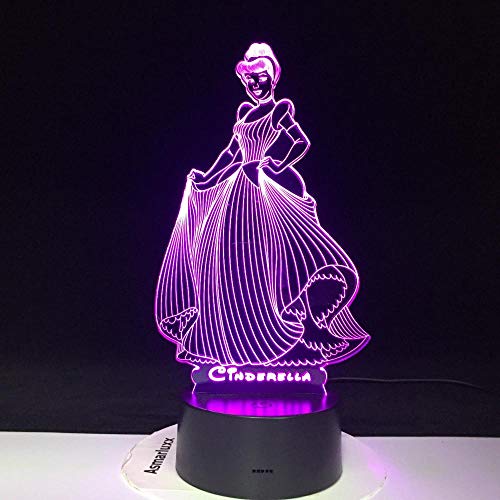 Lámpara de ilusión 3D Luz de noche LED Princesa Cenicienta Figura Decoración Usb Niñas Niños Niños Regalos para niños 7 Cambio de color Lámpara de mesa visual