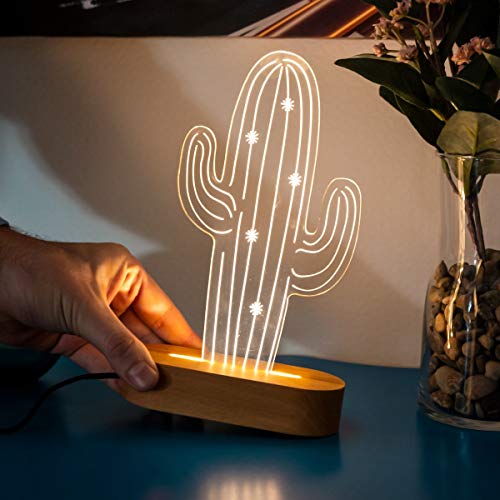 Lámpara de noche 3D con forma de cactus, ilusión 3D con diseño de cactus. Lámpara de escritorio de acrílico regalo para los amantes de la naturaleza. Lámpara de mesa LED con forma de cactus.