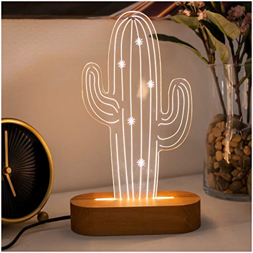 Lámpara de noche 3D con forma de cactus, ilusión 3D con diseño de cactus. Lámpara de escritorio de acrílico regalo para los amantes de la naturaleza. Lámpara de mesa LED con forma de cactus.