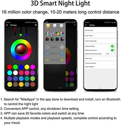 Lámpara de noche inteligente LED con Bluetooth de 7 colores, luz nocturna para niños, luz nocturna LED visual en 3D, lámpara de mesa con placa de metacrilato, 7 colores que cambian, interruptor t