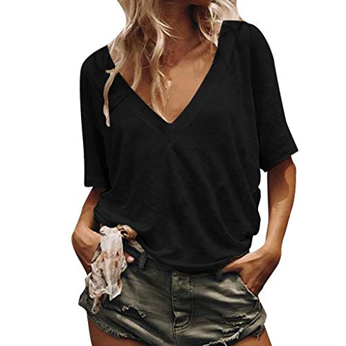 Las Mujeres Sueltan la Camisa de Manga Corta Ocasional del Color Puro del Cuello en v Camisa de Verano Camisetas Camisetas Mujer Blusas Tallas Grandes EN Ofertas Blusas de Mujer Elegantes