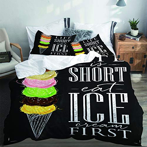 LASINSU Funda De Edredón,Life is Short Quote About Summer Sweet Long Scoop para heladerías，3 Pcs Ropa de Cama Funda Nórdica Sábana Bajera (200 * 200CM)