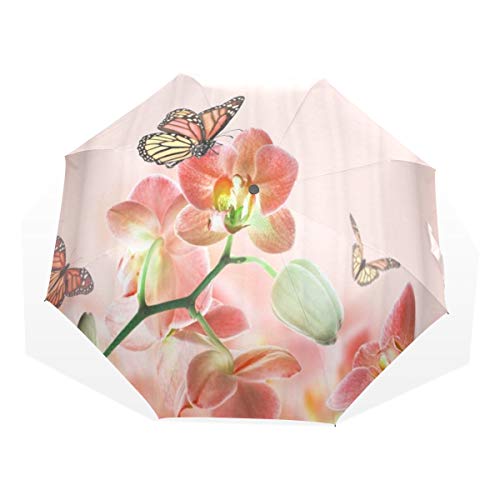 LASINSU Paraguas Resistente a la Intemperie,protección UV,Cymbidium Floral Flor Brote orquídea Flor Mariposa sobre Fondo Rosa