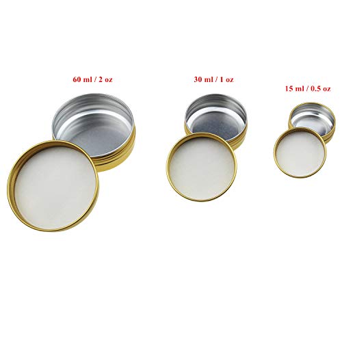 Latas de aluminio redondas doradas con tapa de rosca de metal frascos vacíos de diapositivas de 48 piezas 2 oz 1 oz 0.5 oz tamaños mixtos