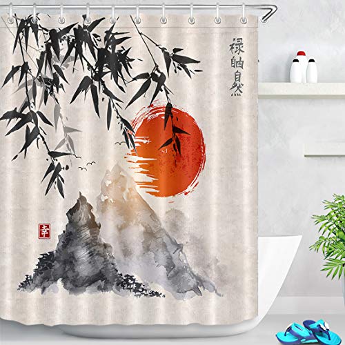 LB Cortina de Ducha de Tinta Japonesa con Ganchos, Cortinas de baño de árboles de bambú Sol montañas Sistema de decoración Resistente al Agua y Moldeado de poliéster de 180x200 cm