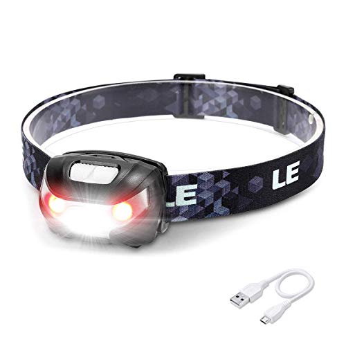 LE Linterna Frontal USB Recargable, 5 Modos de Luz, con Luz Roja, Ligera Elástica, para Ciclismo, Running, Correr, Deporte Nocturno