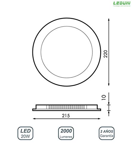 LEDUNI ® Pack de 5 Unidades Downlight Placa Panel LED Redondo 20W Circular 2000LM Color Blanco Frío 6000K Angulo 120 IP40 OPAL Aluminio 225 * 12Hmm Dimension de corte 205mm