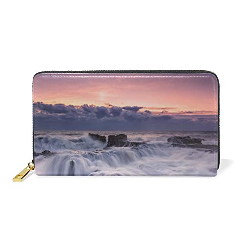 LENNEL Microfibra Cuero Mujer Zip Alrededor Cartera larga Embrague Ranuras para tarjetas para hombres Amaneceres Puestas de sol Costa Piedras Olas