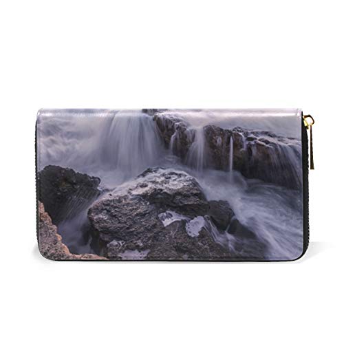 LENNEL Microfibra Cuero Mujer Zip Alrededor Cartera larga Embrague Ranuras para tarjetas para hombres Amaneceres Puestas de sol Costa Piedras Olas