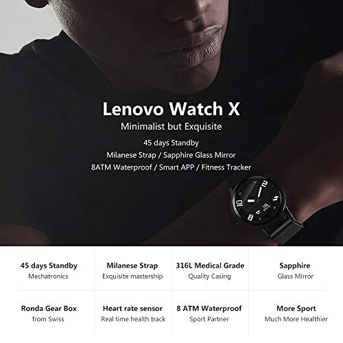 Lenovo Watch X Reloj Inteligente 80ATM Luminoso Puntero a Prueba de Movimiento de Movimiento del Sueño Monitorización de la Frecuencia Cardíaca Caloría Calorías Alarma Pedómetro Inteligente