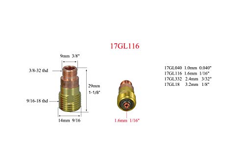 Lente de gas TIG de 1,6 mm 2,4 mm Kit de consumibles de la taza Pyrex para WP SR 17 18 y 26 Antorcha de soldadura TIG, 16 piezas