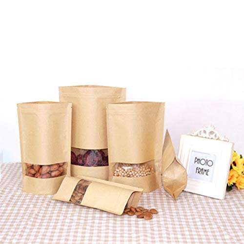 LERT Levántese Las Bolsa de Papel Kraft Autosellante, Bolsa de Comida Vertical de Papel Kraft Reutilizable, Bolsa de Almacenamiento de Alimentos con Ventana Esmerilada (18 * 26 cm 20 Piezas)