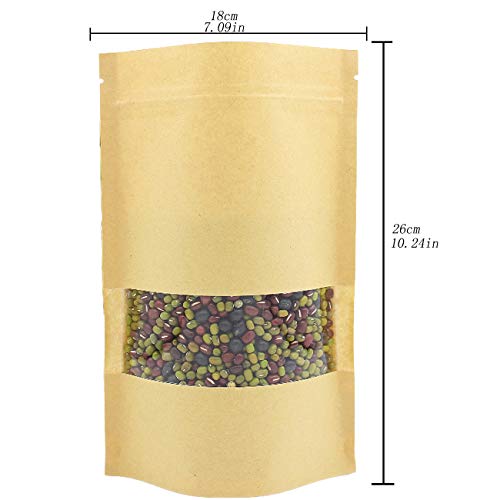 LERT Levántese Las Bolsa de Papel Kraft Autosellante, Bolsa de Comida Vertical de Papel Kraft Reutilizable, Bolsa de Almacenamiento de Alimentos con Ventana Esmerilada (18 * 26 cm 20 Piezas)