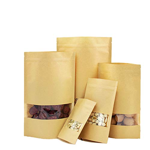 LERT Levántese Las Bolsa de Papel Kraft Autosellante, Bolsa de Comida Vertical de Papel Kraft Reutilizable, Bolsa de Almacenamiento de Alimentos con Ventana Esmerilada (18 * 26 cm 20 Piezas)