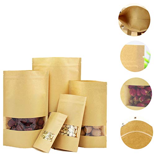 LERT Levántese Las Bolsa de Papel Kraft Autosellante, Bolsa de Comida Vertical de Papel Kraft Reutilizable, Bolsa de Almacenamiento de Alimentos con Ventana Esmerilada (18 * 26 cm 20 Piezas)