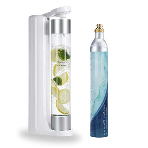 Levivo Gasificadora de agua Fruit & Fun Slim, con botella de 1 litro y cartucho de CO2, gas carbonatado para agua, cócteles y otras bebidas, color blanco y plata