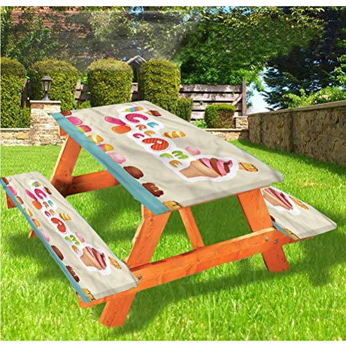 LEWIS FRANKLIN Cortina de ducha Ice Cream Deluxe Picnic Cubiertas de mesa, Gourmet Frozen Melting Elastic Edge ajustable Mantel, 60 x 72 pulgadas, juego de 3 piezas para mesa plegable