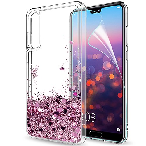 LeYi Funda Huawei P20 Pro Silicona Purpurina Carcasa con HD Protectores de Pantalla, Transparente Cristal Bumper Telefono Gel TPU Fundas Case Cover para Movil Huawei P20 Pro ZX Oro Rose