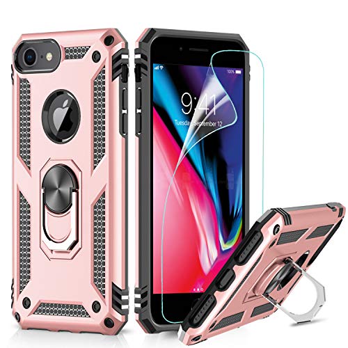 LeYi Funda iPhone SE 2020/6 / 6S / 7/8 Armor Carcasa con 360 Anillo iman Soporte Hard PC y Silicona TPU Bumper antigolpes Fundas Case para movil iPhone 7 con HD Protector de Pantalla,Oro Rosa