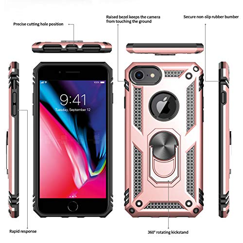 LeYi Funda iPhone SE 2020/6 / 6S / 7/8 Armor Carcasa con 360 Anillo iman Soporte Hard PC y Silicona TPU Bumper antigolpes Fundas Case para movil iPhone 7 con HD Protector de Pantalla,Oro Rosa