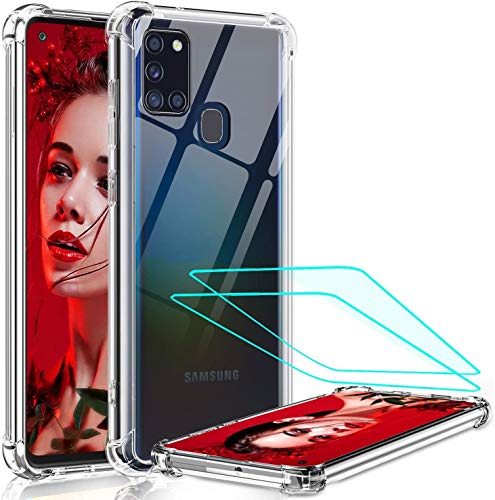 LeYi Funda Samsung Galaxy A21S con [2-Unidades] Cristal Vidrio Templado,Cristal Transparente Shockproof Carcasa Silicona PC y TPU Slim Gel Bumper Antigolpes Cover Case para Movil A21S, Clear