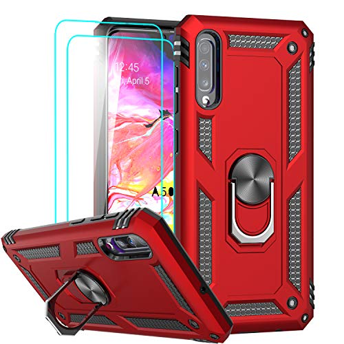 LeYi Funda Samsung Galaxy A70 / A70s Armor Carcasa con 360 Anillo iman Soporte Hard PC y Silicona TPU Bumper antigolpes Fundas Carcasas Case para movil A70 con HD Protector de Pantalla,Rojo