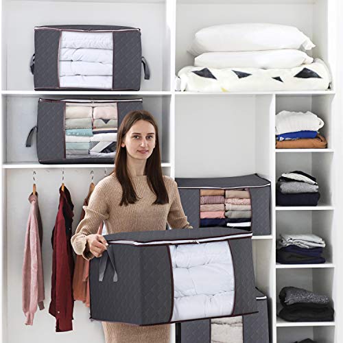 Lifewit Pack de 4 Organizador de Armario con Asa Reforzada Tejido Firme Cremallera Resistente Set de Contenedores Plegables Transpirables para Ropa, Edredones, Mantas, Ropa de Cama, Gris