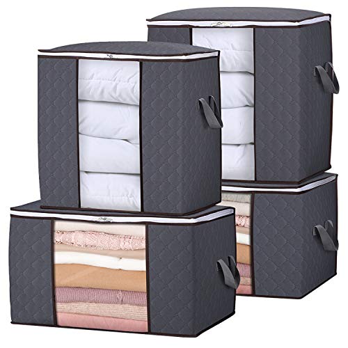 Lifewit Pack de 4 Organizador de Armario con Asa Reforzada Tejido Firme Cremallera Resistente Set de Contenedores Plegables Transpirables para Ropa, Edredones, Mantas, Ropa de Cama, Gris