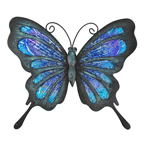 Liffy Regalo de metal con cristal hecho a mano azul caleidoscopio mariposa diseño decoración de pared para el hogar, patio, porche, baño