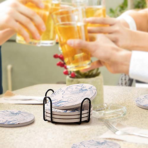 Lifver Posavasos de piedra absorbente con soporte, posavasos para bebidas y horneado de corcho, diseño de mapamundi en forma de pulpo, juego de 6