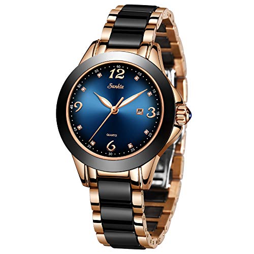 LIGE Relojes Mujeres Señoras Moda Calendario Impermeable Fecha Reloj de Pulsera Relojes Analógicos Casuales Simples para Mujeres con Reloj de Acero Inoxidable Negro Ceramica