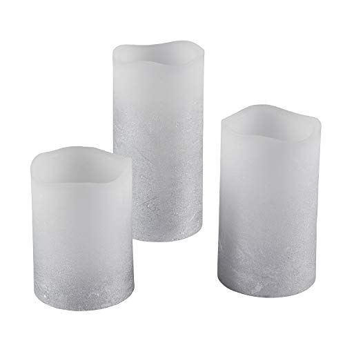 Lights4fun - Juego de 3 Velas Pillar LED a Pilas en Cera Blanca con Efecto Ombré Plateado