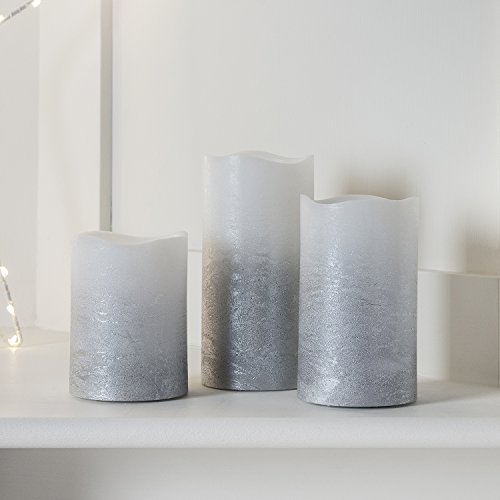 Lights4fun - Juego de 3 Velas Pillar LED a Pilas en Cera Blanca con Efecto Ombré Plateado