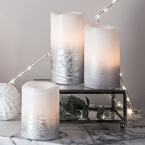 Lights4fun - Juego de 3 Velas Pillar LED a Pilas en Cera Blanca con Efecto Ombré Plateado