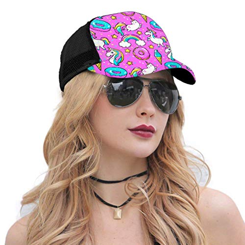 LINPM Gorra de béisbol Hombres Mujeres, Patrón sin Costuras Unicornios Donuts Rainbow Confetti Ajustable Trucker Mesh Summer Vented Baseball Sun Cap Sombrero Gorra para Mujeres